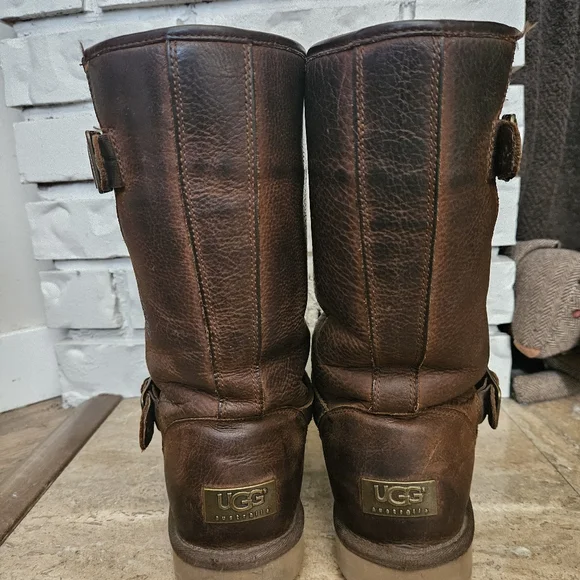 Ugg Kensington Brown Leather Moto Boots Sheepskin Lining Mid Calf Buckle Detail - Picture 5 of 16